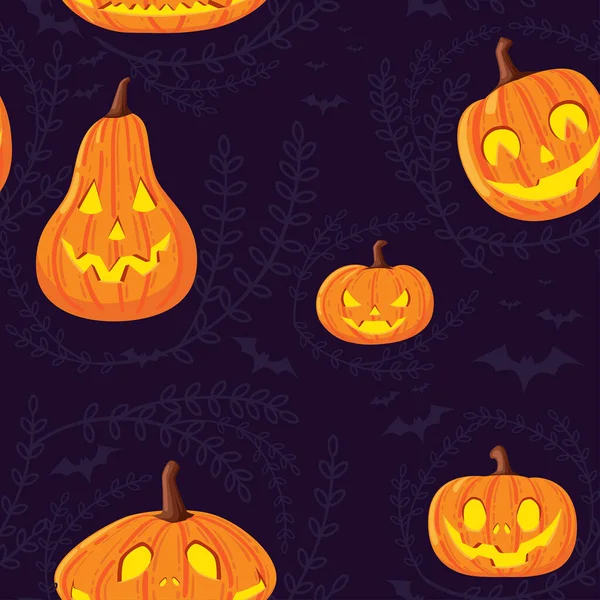 Naadloos patroon van schattige en enge Halloween pompoenen met gezichten cartoon groenten platte vector illustratie op donkere achtergrond met silhouet van bladeren en vleermuis — Stockvector