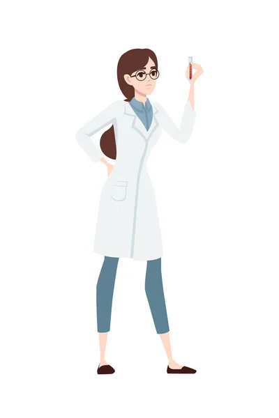 Девушка-ученый в белом пальто, держащая в руках тест-драйв мультфильма, рисует плоскую векторную иллюстрацию на белом фоне — стоковый вектор