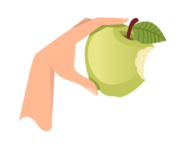 Ruka držet zelené kousnutí jablko plochý vektor ilustrace izolované na bílém pozadí — Stockový vektor