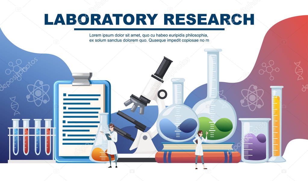 Chemistry laboratory abstract design with big equipment and little scientists advertising flyer design flat vector illustration