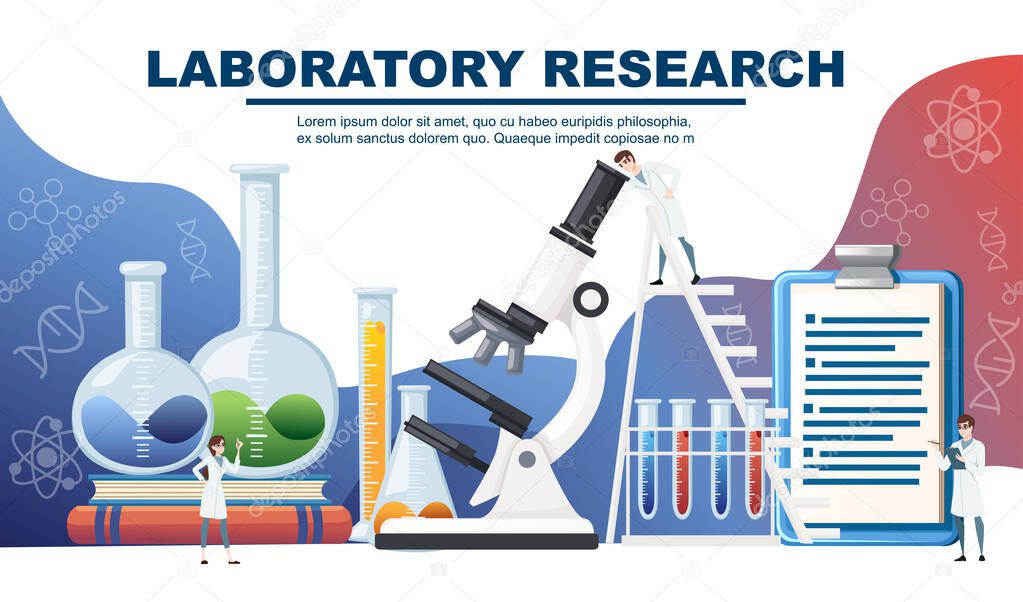 Chemistry laboratory abstract design with big equipment and little scientists advertising flyer design flat vector illustration