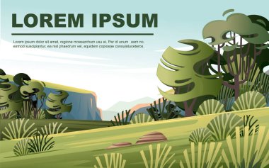 Ağaçlarla kaplı yeşil manzara plato dağları aydınlık güneşli gün düz vektör illüstrasyonu yatay selamlaşma kartı uçucu tasarımı için