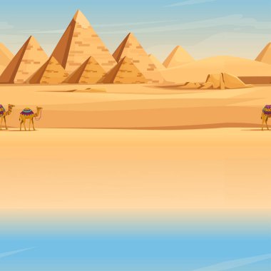 Giza Mısır Piramitleri, düz vektör resimli develer ile çöl manzarası yatay