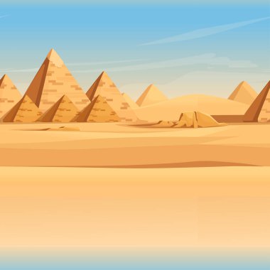 Giza Mısır Piramitleri çöl manzarası gökyüzü düz vektör illüstrasyon yatay pankart tasarımı