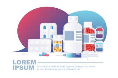 İlaçlar için şeffaf kavanoz plastik şişe ilaç paketi üzerinde renkli haplar düz vektör illüstrasyonu beyaz arka planda yatay tebrik kartı tasarımı