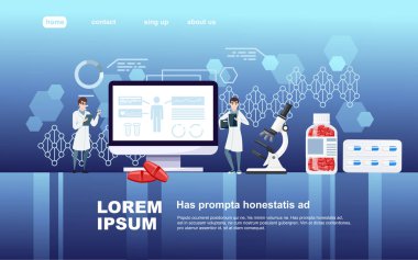 Soyut büyük monitör hapları ve mikroskop ve beyaz önlüklü küçük insanlar karanlık arka planda veri web sitesi tasarımı ile çizgi film karakteri düz vektör çizimi