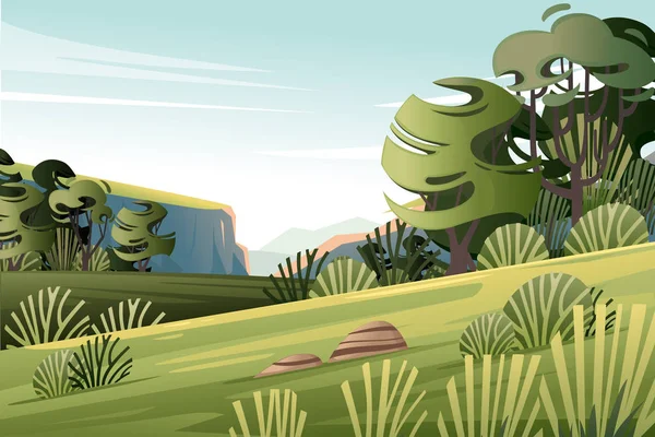 木々の茂み高原の山々と緑の風景明るい晴れた日のフラットベクトル図 — ストックベクタ