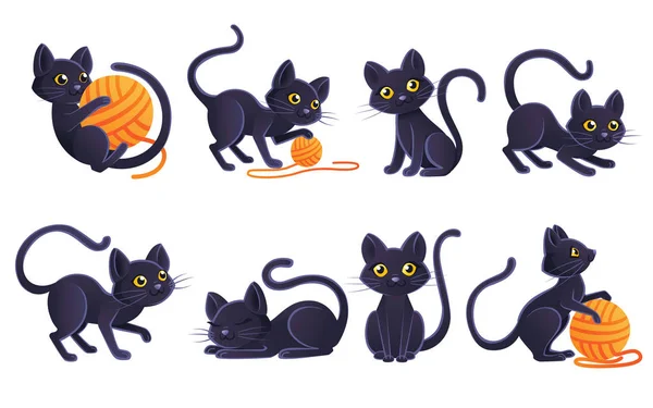 Conjunto de bonito adorável gato preto jogando com laranja bola de lã desenho animal desenho desenho plano vetor ilustração no fundo branco —  Vetores de Stock