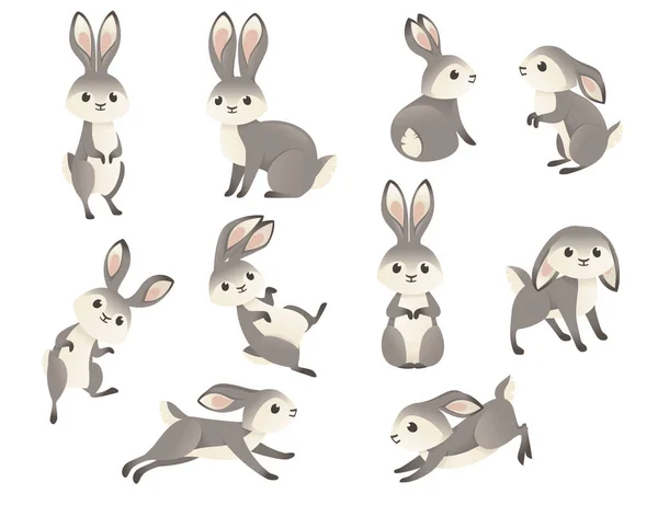 Set of cute grey rabbit sitting on ground and running cartoon animal design flat vector illustration isolated on white background — Stock Vector