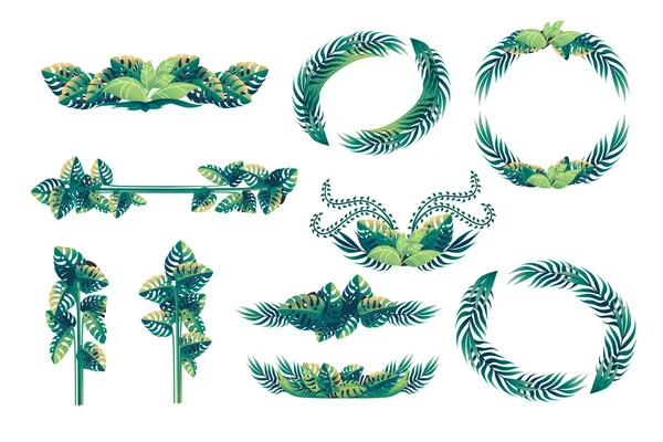 熱帯の葉のセット花のデザインのフレームのコンセプトフラットベクトルイラスト白の背景 — ストックベクタ