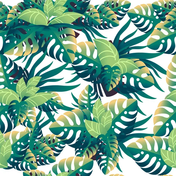 Naadloos patroon van tropische groene bladeren met verschillende vormen vlakke vector illustratie op witte achtergrond — Stockvector