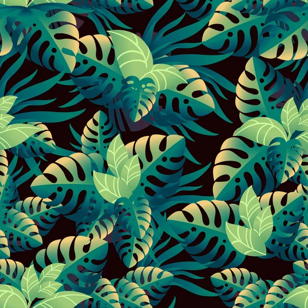 Naadloos patroon van tropische groene bladeren met verschillende vormen vlakke vector illustratie op donkere achtergrond — Stockvector