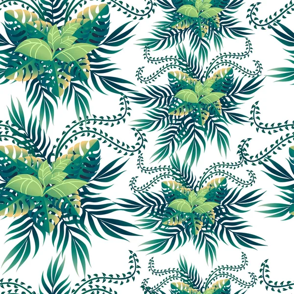 Modelo sin costuras de hojas verdes tropicales con diferentes formas planas ilustración vectorial sobre fondo blanco. — Archivo Imágenes Vectoriales