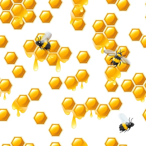 꿀을 떨어뜨리는 벌집 모양의 끈적끈적 한 무늬와 하얀 배경에 있는 벌의 평평 한 벡터 그림 — 스톡 벡터