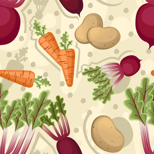 Modelo sin costuras de papa zanahoria vegetal e ilustración vectorial plana de remolacha sobre fondo estilizado. — Vector de stock