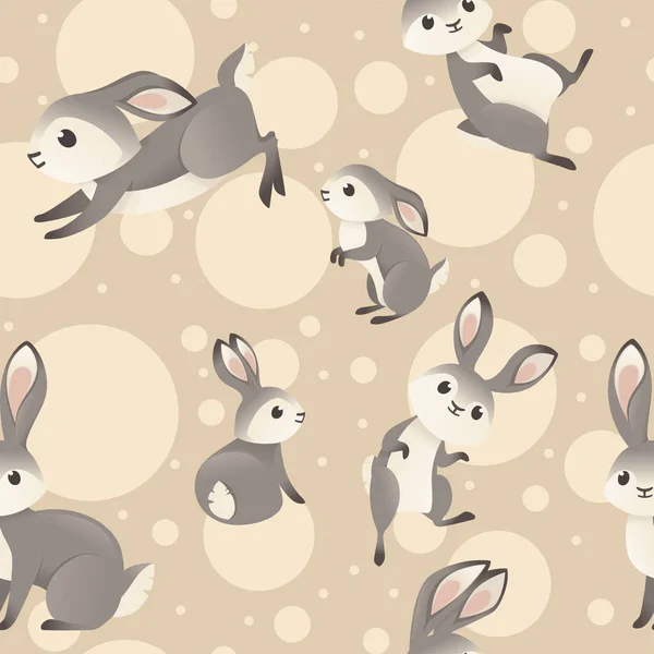 Modelo sin costuras de conejo gris lindo en varias poses dibujos animados diseño animal ilustración vectorial plana sobre fondo beige con círculos. — Vector de stock