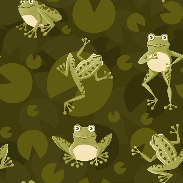 Modelo sin costuras de rana verde sonriente y linda sentado en la dibujos animados de suelo diseño animal ilustración vectorial plana sobre fondo verde con hojas de loto. — Archivo Imágenes Vectoriales