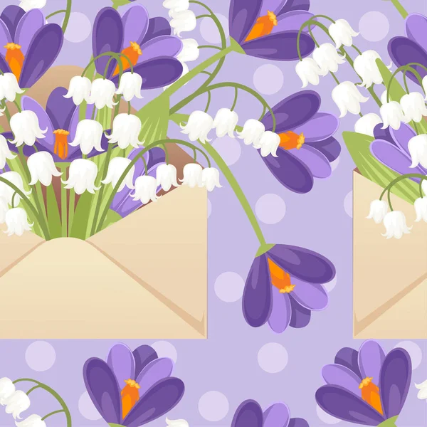 Modelo sin costuras de sobre papel abierto y eco-amigable, con ilustración vectorial plana de diseño de flores de primavera sobre fondo con púrpura salpicada. — Vector de stock