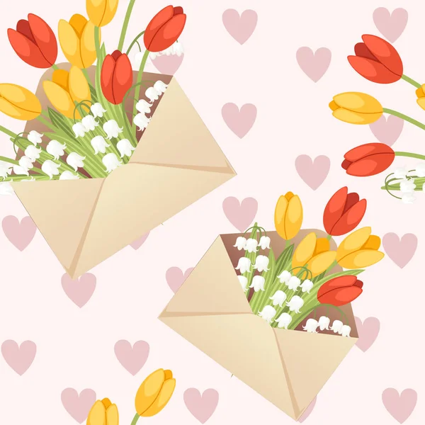 Modèle transparent d'une enveloppe en papier éco-compatible ouverte avec des fleurs de printemps Conception créative Illustration vectorielle plate sur fond rose avec cœurs — Image vectorielle