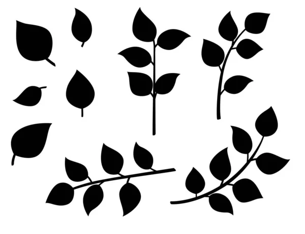 Чорний силует осіннього листя на гілках плоский Векторні ілюстрації ізольовані на білому тлі — стоковий вектор