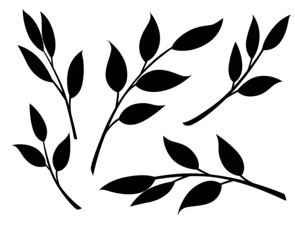 Svart siluett uppsättning höstlöv på grenar platt vektor illustration isolerad på vit bakgrund — Stock vektor