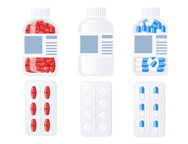 Transparent burk för piller och läkemedelsblister pack plastflaska med färgade piller platt vektor illustration isolerad på vit bakgrund — Stock vektor