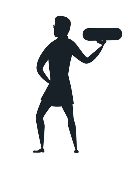 Silhouette nera medico maschile in un cappotto medico in possesso di una grande pillola nella sua mano cartone animato disegno piatto vettore illustrazione — Vettoriale Stock