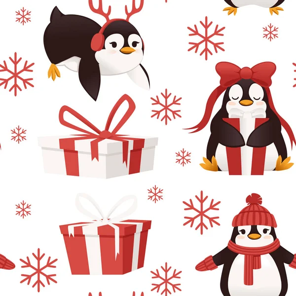 Ilustración de patrones sin costuras de pingüinos con cajas de regalo y dibujos animados de copos de nieve en lindo animal plano ilustración vectorial. — Archivo Imágenes Vectoriales