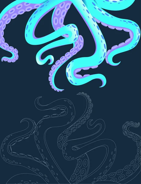 Cartão de saudações para design do folheto com tentáculos de polvo turquesa ilustração vetorial plana vertical ilustração vetorial plana no fundo escuro — Vetor de Stock