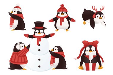 Sıcak kış kıyafetleri giymiş ve kardan adam çizgi film hayvan tasarımı düz vektör çizimi yapan bir grup penguen.