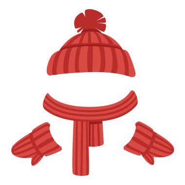 Beyaz arkaplanda kış sıcacık eşarp ve şapka düz vektör çizimi