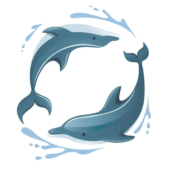 Két delfin játszik a víz logó koncepció tervezés rajzfilm állat lapos vektor illusztráció fehér háttér — Stock Vector