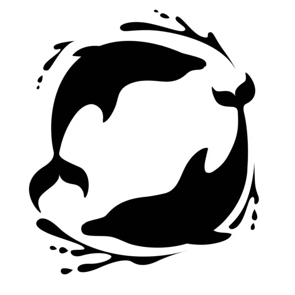 Silhouette negro dos delfines jugando en el concepto de logotipo de agua diseño dibujos animados animal plano ilustración vectorial sobre fondo blanco. — Vector de stock