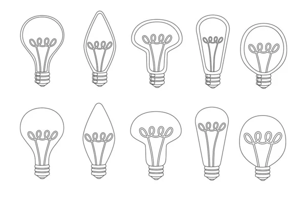 Set of incandescent retro classic lamps outline style design flat vector illustration isolated on white background. — Archivo Imágenes Vectoriales