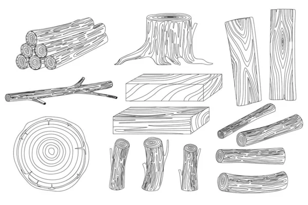 Conjunto de madeira logs e materiais para camping ou construção de madeira troncos toco e pranchas plano vetor ilustração esboço estilo isolado no fundo branco —  Vetores de Stock