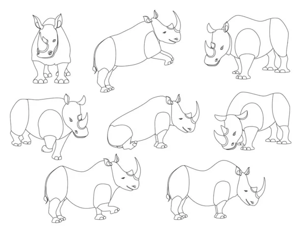 Set di rinoceronti africani in diverse pose contorno cartone animato disegno animale vettore piatto illustrazione isolato su sfondo bianco — Vettoriale Stock