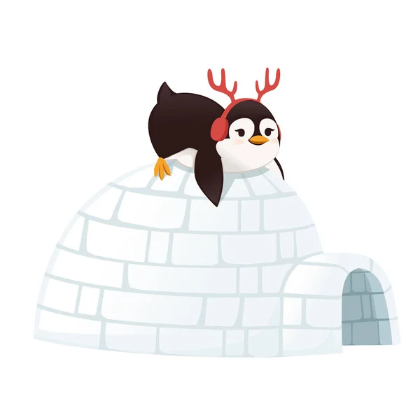 Cute penguin se encuentra en la construcción de hielo ártico Igloo dibujos animados diseño animal plano ilustración vectorial sobre fondo blanco. — Vector de stock