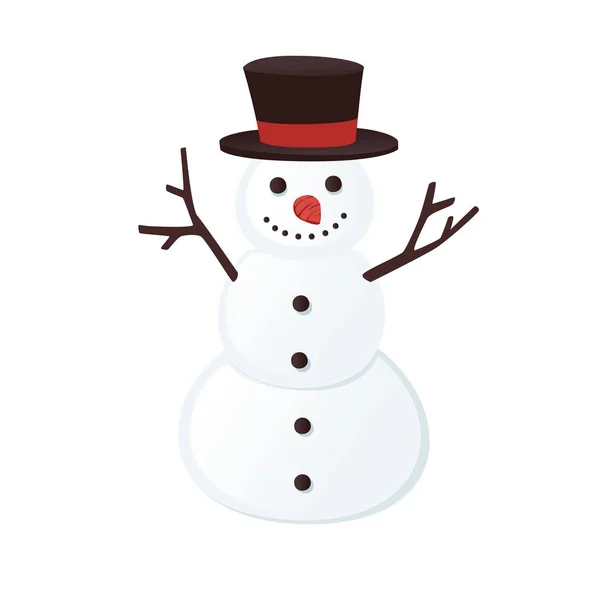 Šťastný sněhulák s černým kloboukem a úsměv plochý vektor ilustrace na bílém pozadí — Stockový vektor
