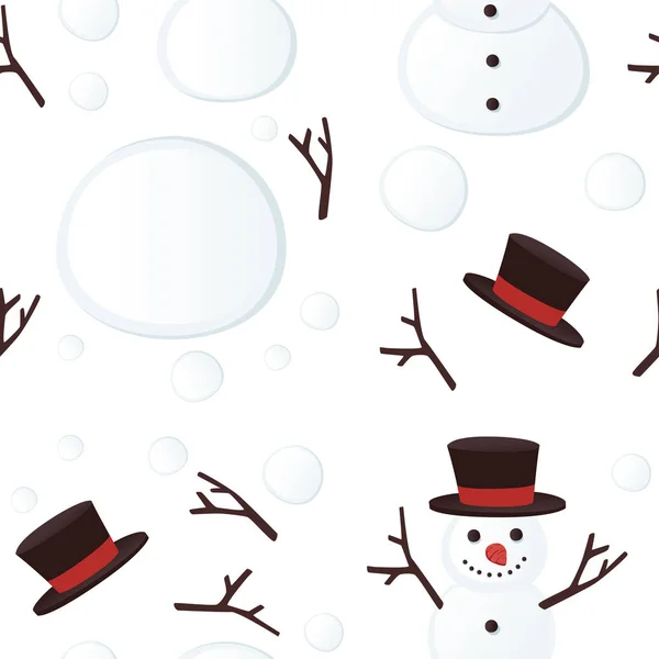Bezešvé vzor šťastný sníh muž s černým kloboukem a úsměv plochý vektor ilustrace na bílém pozadí — Stockový vektor