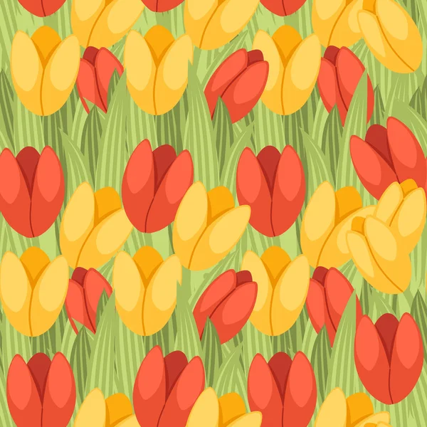 Naadloos patroon voorjaar rood en geel tulp groene bloem patroon en gras platte vector illustratie — Stockvector