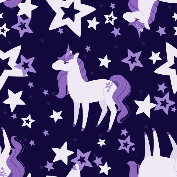 Diseño sin costuras de animales míticos mágicos de cuento de hadas dibujos animados unicorn diseño animal ilustración vectorial plana en fondo oscuro. — Vector de stock