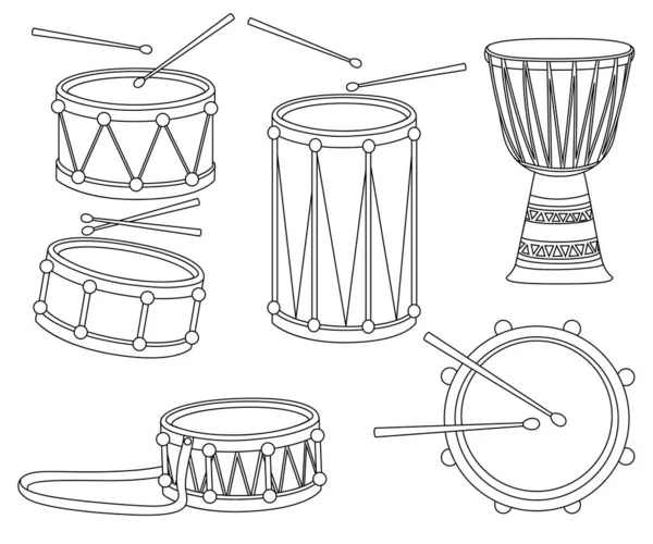 Set of different drums with drumstick outline style flat vector illustration isolated on white background. — Vector de stock