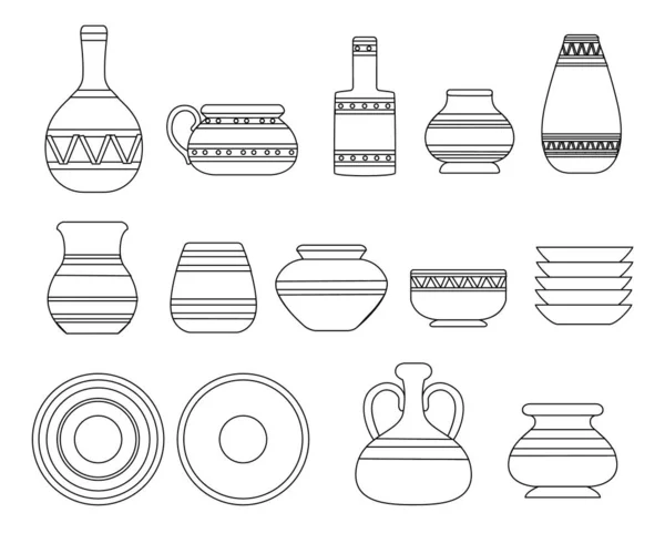 Set of ancient greek clay pottery outline style flat vector illustration isolated on white background. — Vector de stock