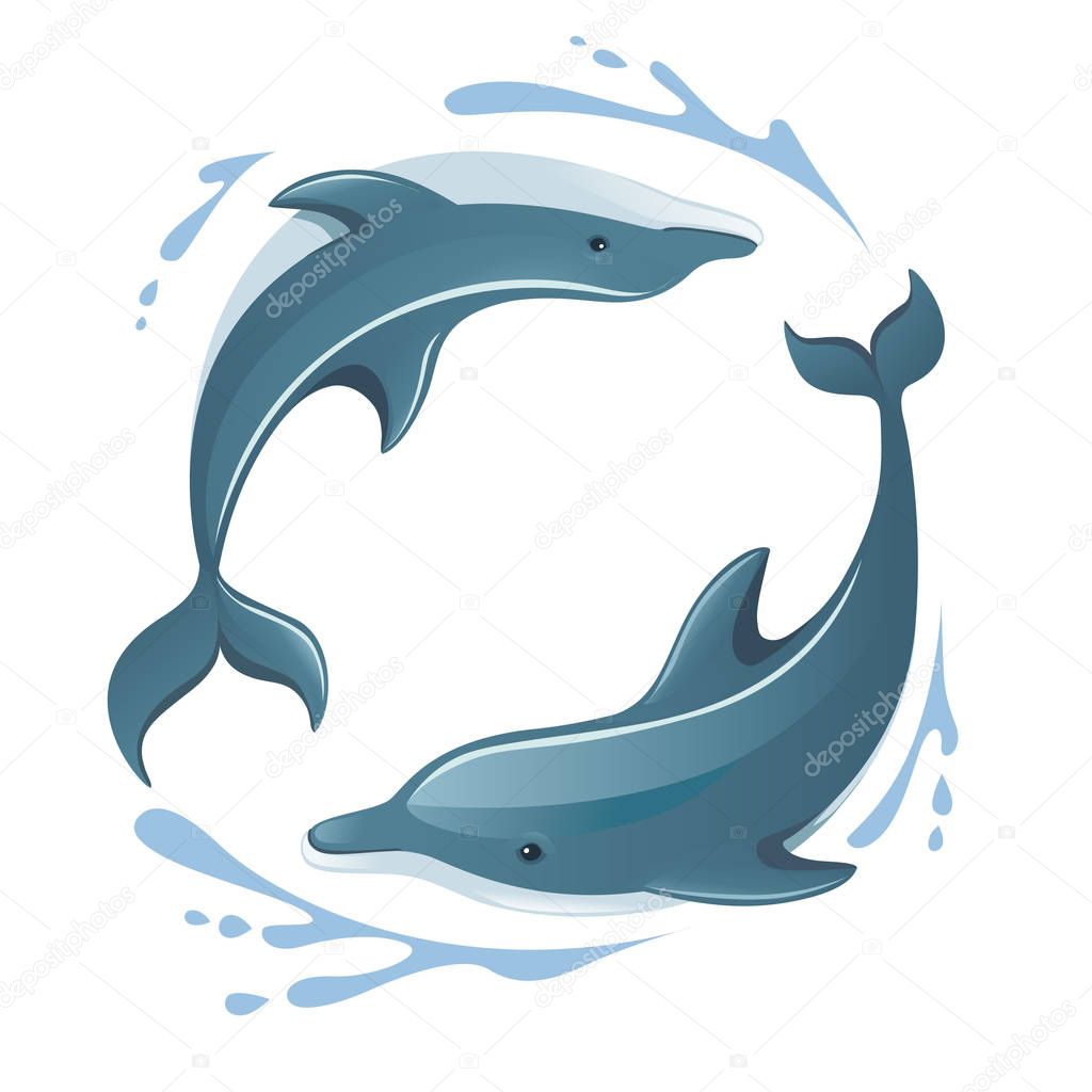 Two dolphins playing in the water logo concept design cartoon animal flat vector illustration on white background.
