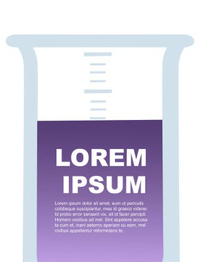 Mor sıvı tebrik kartı ya da el ilanı tasarımı kimya laboratuarı konsepti düz vektör illüstrasyonlu laboratuvar şeffaf cam şişe.
