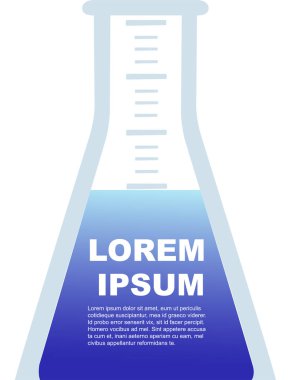Mavi sıvı tebrik kartı ya da el ilanı tasarımı kimya laboratuarı konsepti düz vektör illüstrasyonlu laboratuvar şeffaf cam şişe.