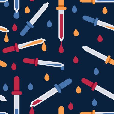 Renkli sıvı soyut selamlama kartı ya da broşür tasarımı kimya laboratuvarı konsepti koyu arkaplan üzerinde düz vektör çizimi olan kusursuz desenli şeffaf pipet.