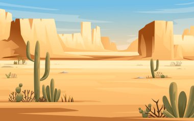 Çölde bitki ve kayalarla kaplı çöl manzarası güneşli gün mavi gökyüzü düz vektör çizimi yatay tasarım