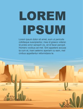 Çölde bitki ve taşlarla kaplı çöl manzarası güneşli gün mavi gökyüzü düz vektör çizimi dikey tasarım ilanı veya broşür