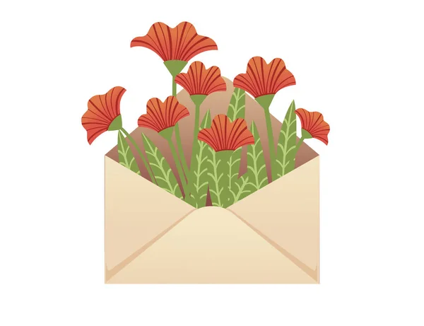 Papír boríték vörös virágokkal tavasz kreatív absztrakt design elem lapos vektor illusztráció fehér háttér — Stock Vector
